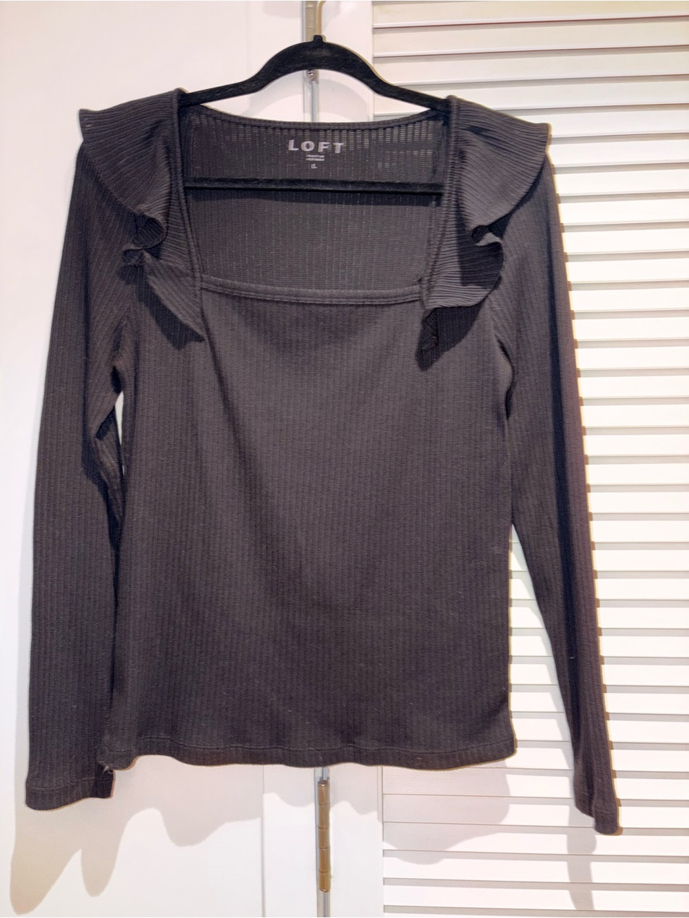 LOFT Black Ribbed Long-Sleeve Top with Ruffle Square Neck